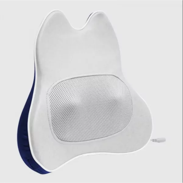 White and blue multi-purpose back massager with mesh center and curved headrest.