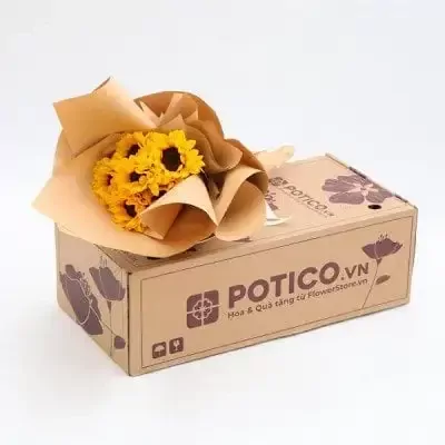 Sunflower bouquet in brown paper on POTICO.VN flower box.