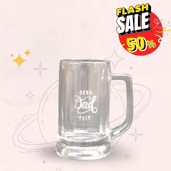 Glass mug with "Best Dad Ever" printed on it, with a "Flash Sale -50%" graphic.