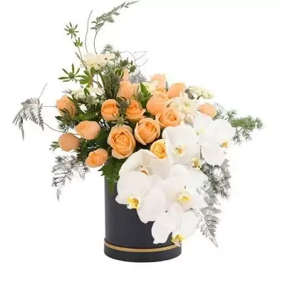 Peach roses and white orchids in a black round box, with decorative foliage.