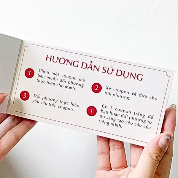 Gift set includes instructions for using love coupons, with numbered steps.
