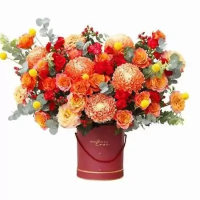 A round burgundy box filled with vibrant orange and red roses, orange chrysanthemums, and yellow billy balls.
