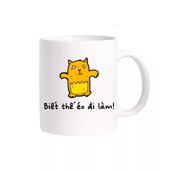 White mug with a cartoon cat and Vietnamese text.