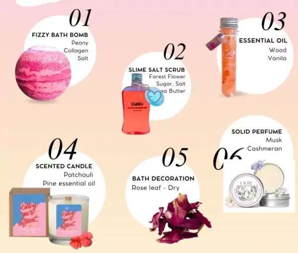 Candy Club gift set: bath bomb, salt scrub, essential oil, candle, bath decoration, solid perfume.