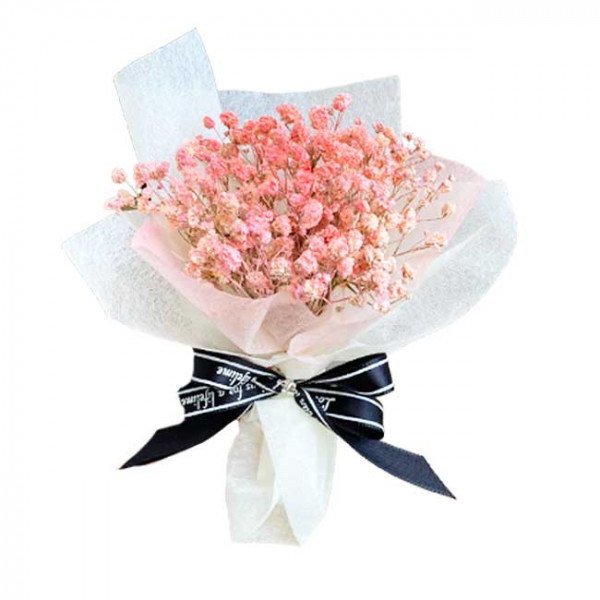 Bouquet of dried pink baby's breath flowers wrapped in white and pink paper, tied with a black ribbon.