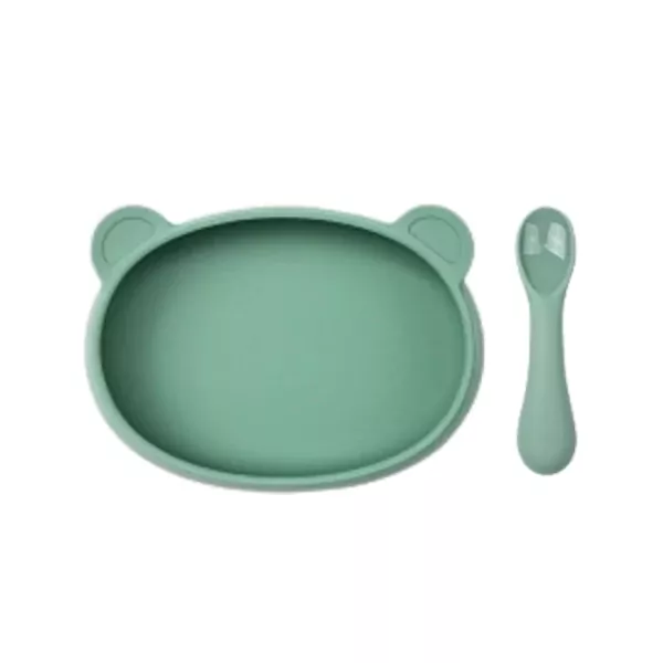 Green silicone bear-shaped baby plate and spoon set.