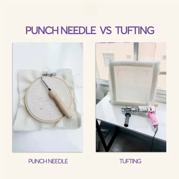 Two textile crafts: punch needle with hoop and fabric, and tufting gun on a frame.