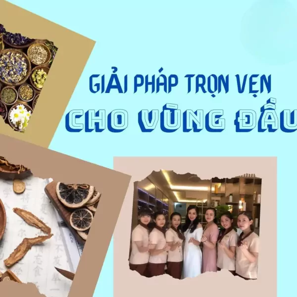 Group of women in spa uniforms with text about herbal hair wash and ancient remedies.