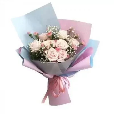 Bouquet of pink and white roses and carnations with baby's breath, wrapped in light blue and pink paper.