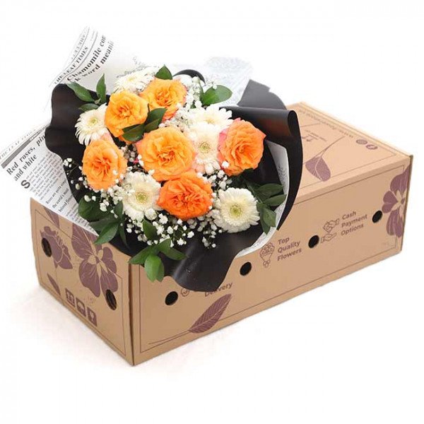 Bó hoa baby mix hoa hồng cam, hoa đồng tiền - ảnh 3