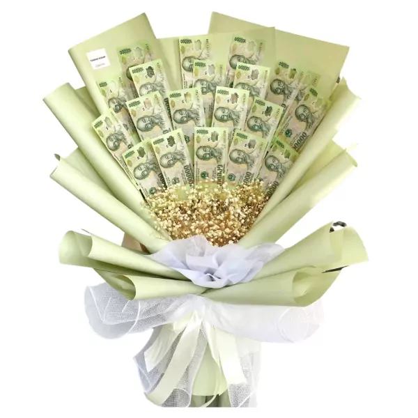 Money bouquet with light green wrapping and white ribbon, featuring numerous Vietnamese 100,000 Dong banknotes.