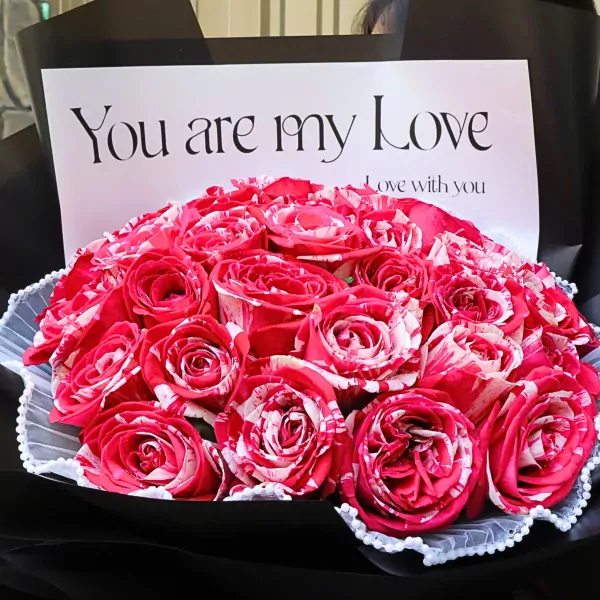 Red and white striped roses bouquet with "You are my Love" card.