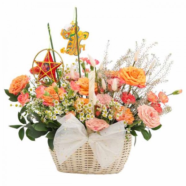 A floral basket with orange and pink roses, star lantern, and a cartoon tiger decoration for Mid-Autumn Festival.