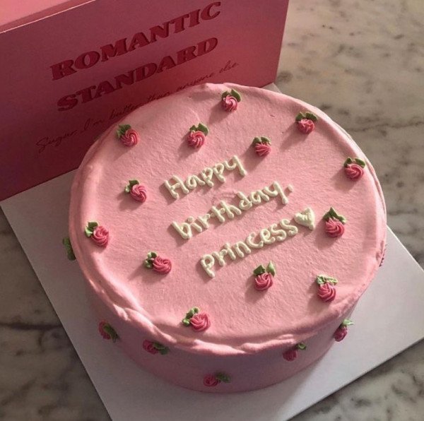 Pink frosted cake with "Happy Birthday Princess" written in white frosting and decorated with small pink rosettes.