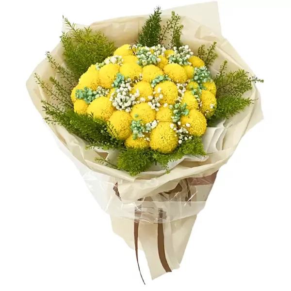 A bouquet of bright yellow ping pong chrysanthemums with baby's breath and green foliage.