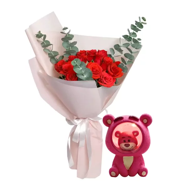 Red roses bouquet and Lotso bear night light.
