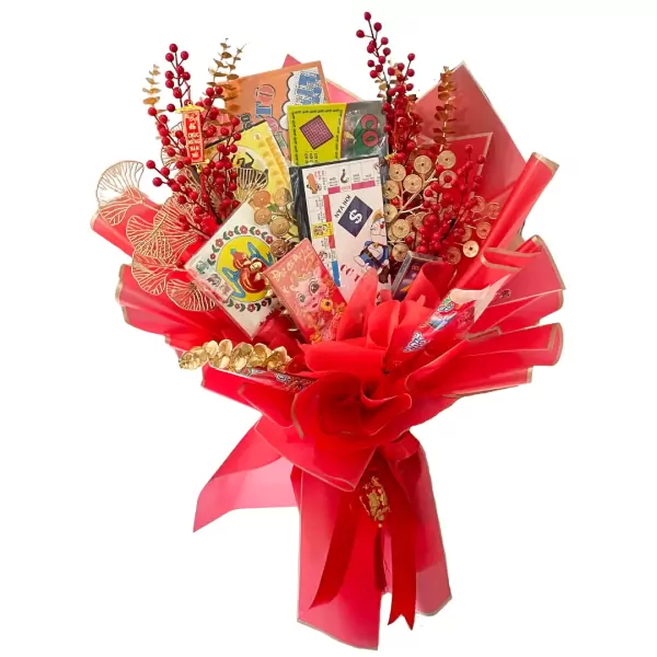 Red and gold Lunar New Year bouquet with game boards, coins, and red berries.