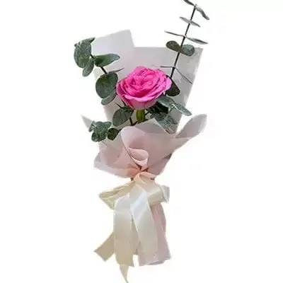Pink rose bouquet with eucalyptus, wrapped in pink and white paper, tied with a cream ribbon.