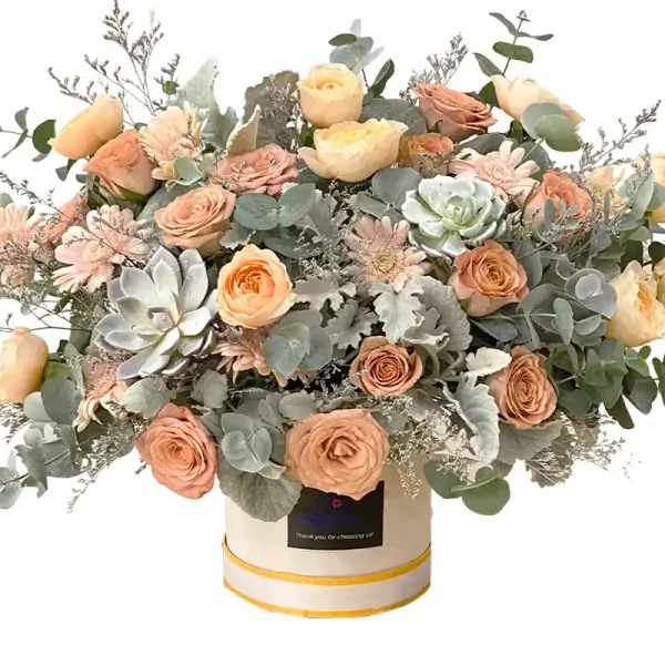 Peach and cream roses, succulents, and greenery in a round hat box.