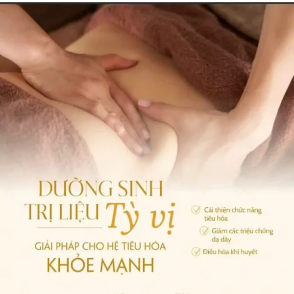 Hands massaging the abdomen, with text "Spleen & Stomach Rejuvenation Therapy".