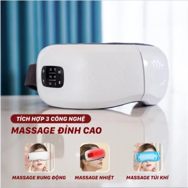 White eye massager with a digital display and three images showing vibration, heat, and airbag massage.