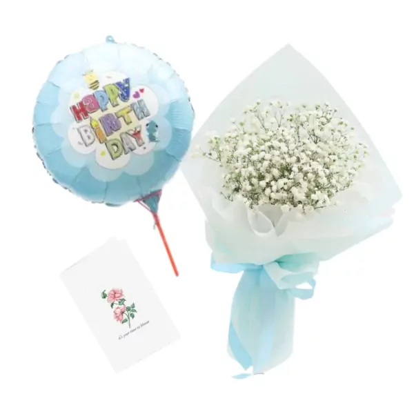 Birthday balloon, baby's breath bouquet, and a card with roses.