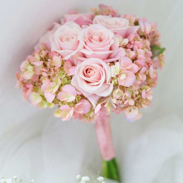 Pink roses and hydrangeas arranged in a bridal bouquet.