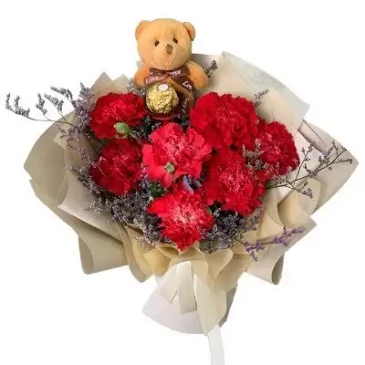 Red carnation bouquet with mini teddy bear and Ferrero Rocher chocolate.