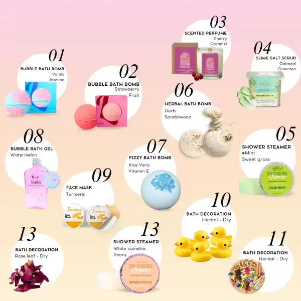 Me 2 You Gift Set: bath bombs, body scrub, gel, candle, perfume, shower steamers, ducks, dried flowers.