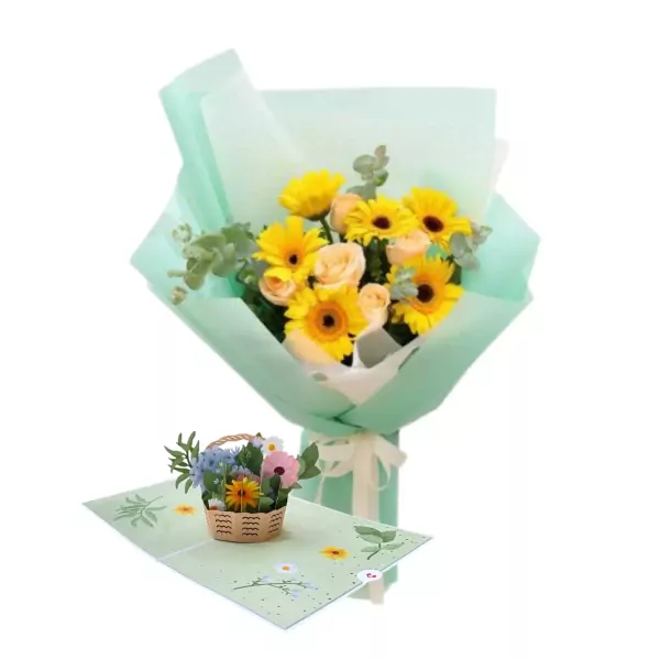 Yellow gerbera daisy and rose bouquet with a 3D pop-up flower basket card.