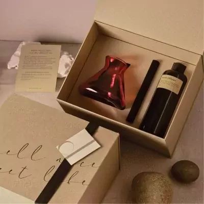 Minimal Mist Diffuser gift set with red glass diffuser, black reed, and amber bottle.
