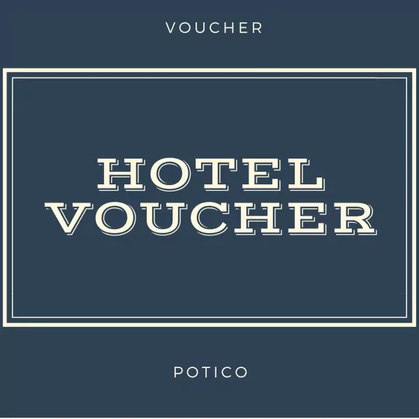 Hotel Voucher with "POTICO" branding, set against a dark blue background.