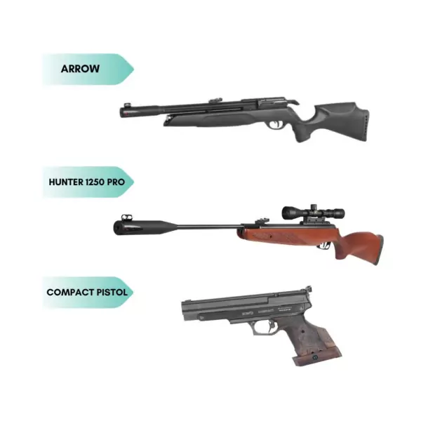 Three types of firearms: a rifle labeled "ARROW", a scoped rifle labeled "HUNTER 1250 PRO", and a pistol labeled "COMPACT PISTOL".