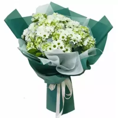 Bouquet of white hydrangeas and daisies in green and light blue wrapping, tied with a white ribbon.