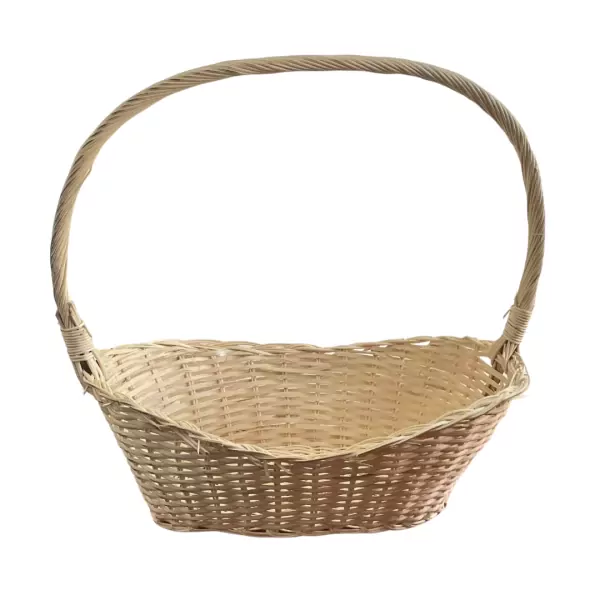 Wicker basket with handle on a white background.