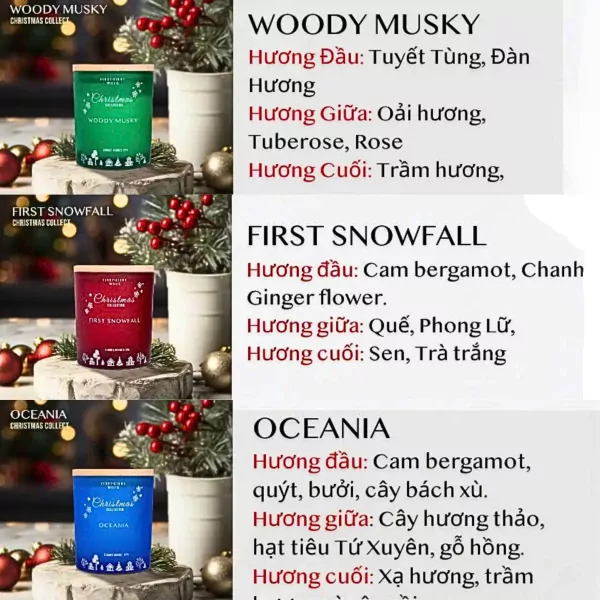 Christmas candles with fragrance notes: Woody Musky, First Snowfall, Oceania.