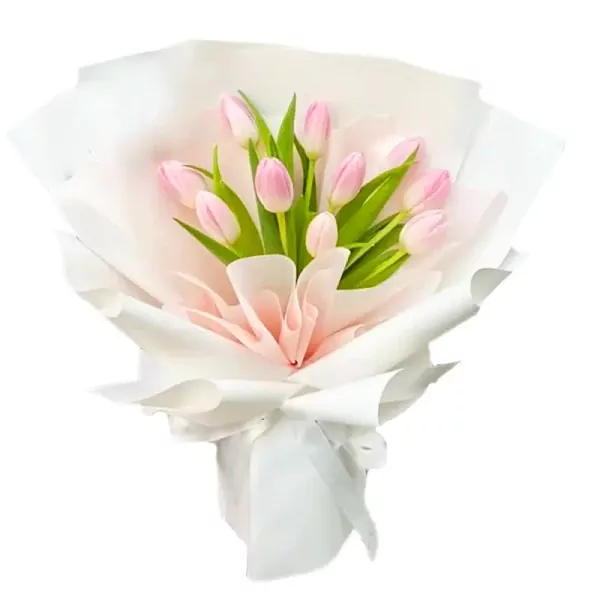 Bouquet of pink tulips with white and pink paper wrapping and a white ribbon bow.