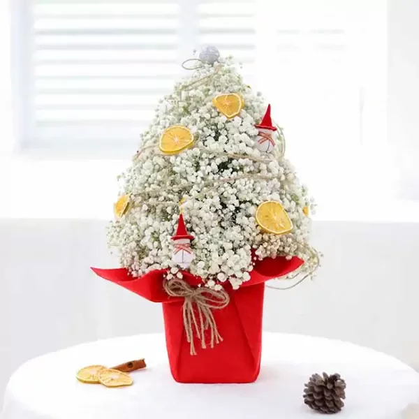 White baby's breath flower tree with dried orange slices and gnome ornaments in a red pot.