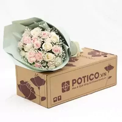 Bouquet of pink and white roses with baby's breath on a POTICO.VN flower box.