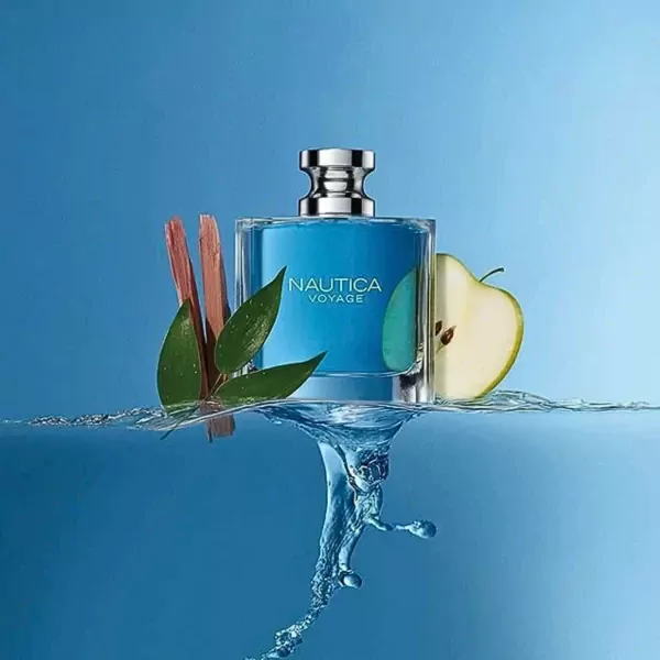 Nautica Voyage EDT bottle with apple slices, cinnamon sticks, and green leaves on splashing water.