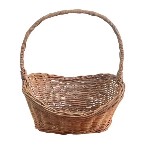 Wicker basket with a handle, woven from light brown reeds.