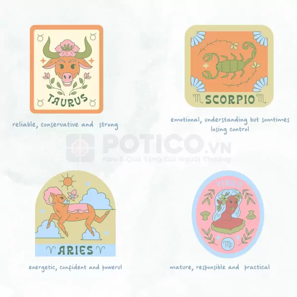 Zodiac designs featuring Taurus, Scorpio, Aries, and Pisces with their characteristics.