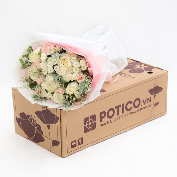 Bouquet of pink and white roses and carnations on a POTICO.VN flower delivery box.