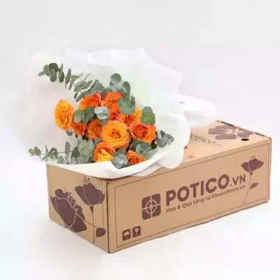Orange roses and eucalyptus bouquet in white paper, placed on a POTICO.VN flower delivery box.