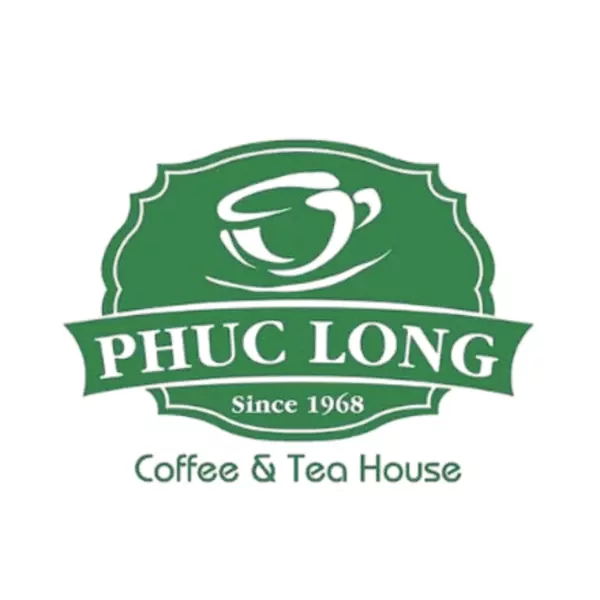 Phuc Long Coffee & Tea House logo with a green scalloped shield shape containing a white coffee cup icon and text.