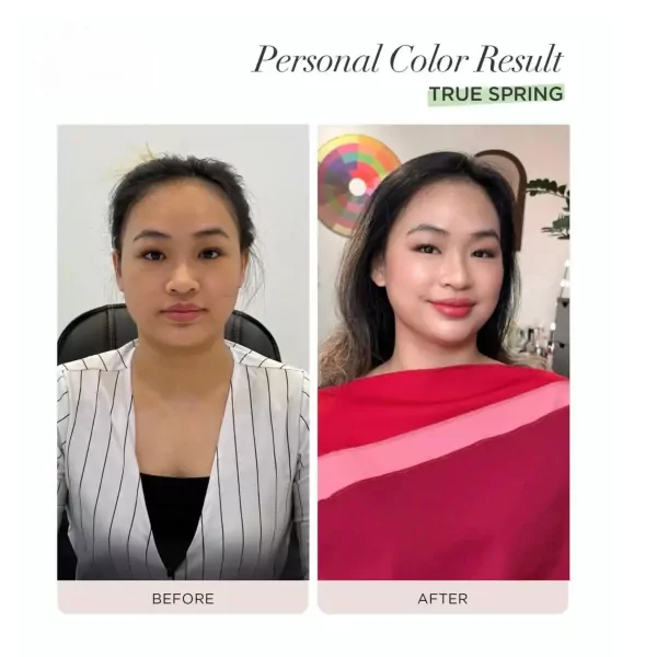 A woman's "before" and "after" personal color analysis results, showing True Spring.