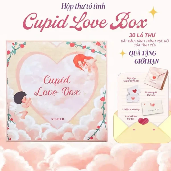Cupid Love Gift Box with 30 love letters, mini envelopes, stickers, and a heart-shaped card.
