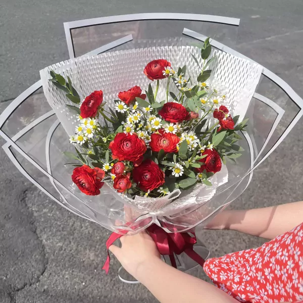 Bouquet of red ranunculus and white tana flowers in clear wrapping, held by a person in a red floral dress.