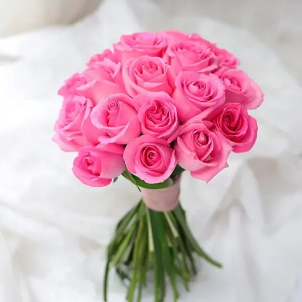 Pink rose bridal bouquet tied with ribbon, with green stems.