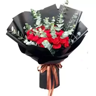 Bouquet of 48 premium red roses with eucalyptus, wrapped in black paper and tied with a ribbon.